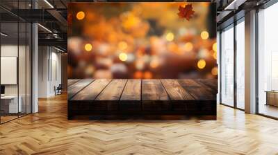 Empty dark wood table top with blurred bright Thanksgiving background.  Wall mural